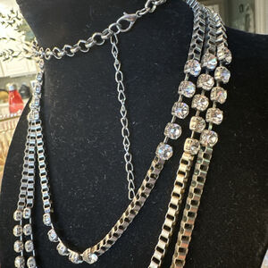 Edgy Brutalist Biker Glam Necklace Casual Heavy Boxchain SilverTone Rhinestone